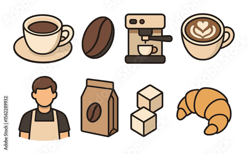 Coffee festival icons set – flat, café and beverage-themed graphic symbols
