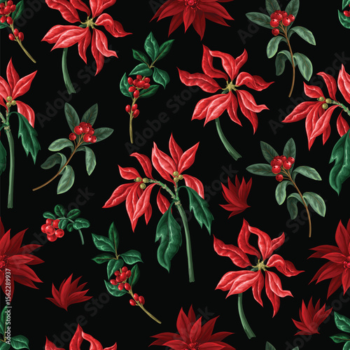 Vector seamless Christmas pattern with bells candy flowers leaves background.