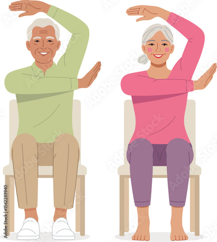 Senior couple doing seated exercises for flexibility and mobility at home for healthy aging lifestyle