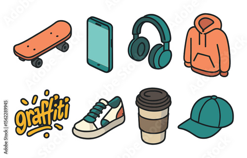 Youth leisure icons set – flat, casual lifestyle and fun activity symbols