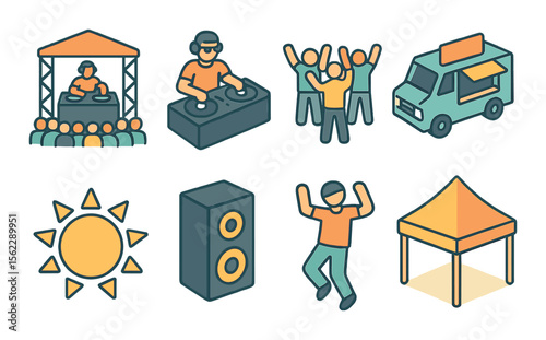 Music festival icons set – outline, party and summer celebration symbols