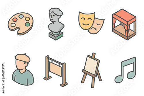 Art festival icons set – outline, creative and cultural event graphic symbols