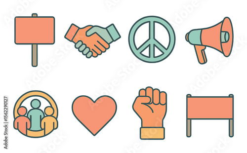 Youth movement icons set – line, activism and community symbols for change
