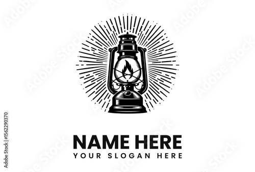 Illustration of a vintage kerosene lantern with a radiating burst background, presented in black and white.
