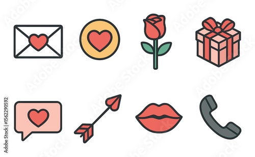 Romantic icons set – outline, love and relationship symbols, simple and elegant design