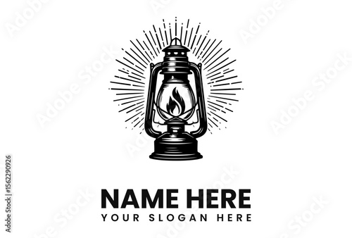 Vintage kerosene lantern logo design, radiant sunburst background, black and white illustration.