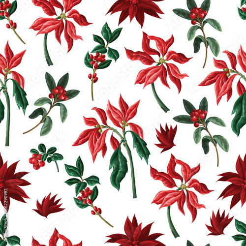 Vector seamless Christmas pattern with bells candy flowers leaves background.