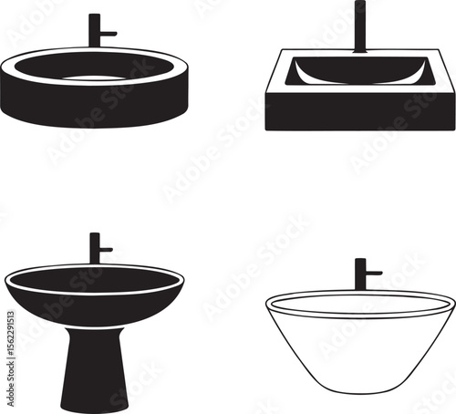 Wash Basin silhouette & Outline set vector illustration isolated On Transparent Background