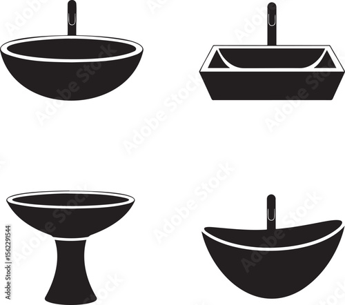 Wash Basin silhouette & Outline set vector illustration isolated On Transparent Background