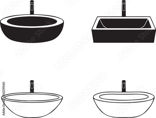 Wash Basin silhouette & Outline set vector illustration isolated On Transparent Background