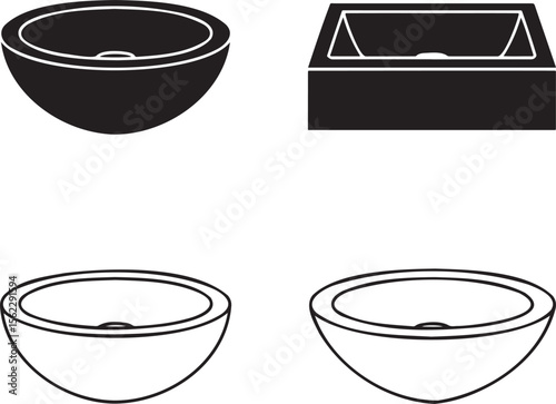 Wash Basin silhouette & Outline set vector illustration isolated On Transparent Background