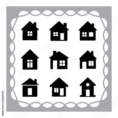 Set of house and home icons with various building and architectural styles