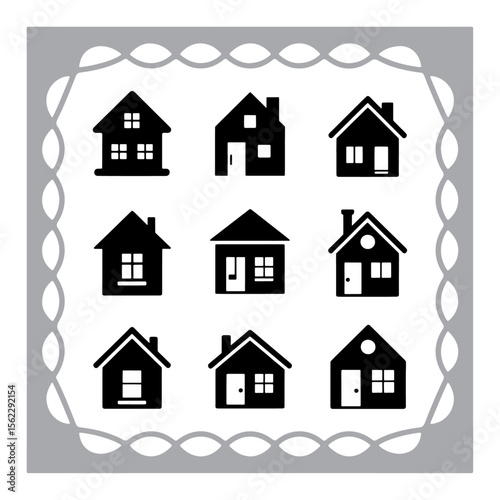 Set of house and home icons with various building and architectural styles