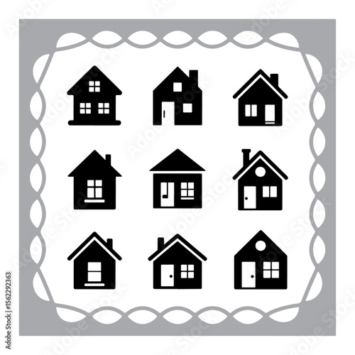 Set of house and home icons with various building and architectural styles