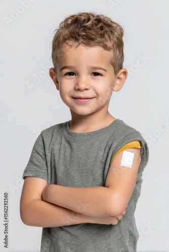 Smiling child showing adhesive bandage after vaccination