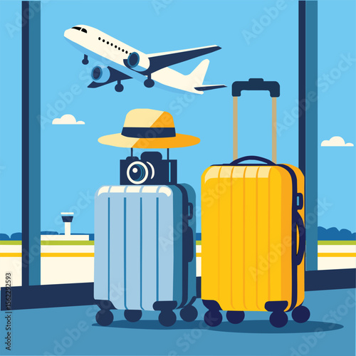 Airplane Taking Off with Suitcases in Airport Terminal – Travel Vector Illustration