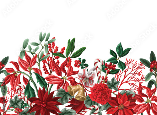 Vector border Christmas pattern with bells candy flowers leaves background