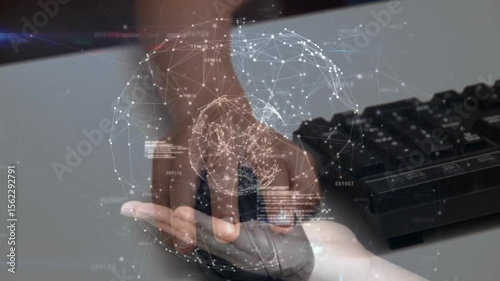 Hand clicking mouse initiating digital assistance, showing code streams and spinning network globe
