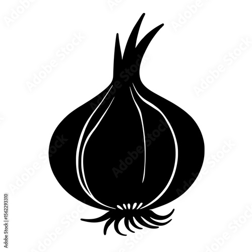 Minimalist black silhouette of an onion on a white background