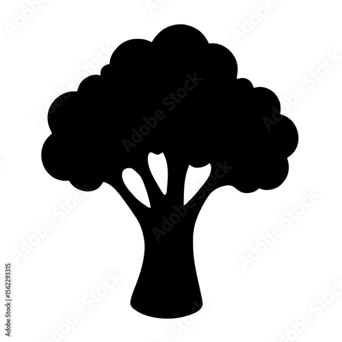 Minimalist black silhouette of broccoli with textured florets on white background