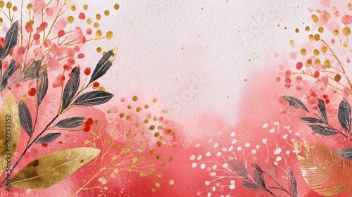 Winter background vector. Hand painted watercolor and gold brush texture, Flower and botanical leaves hand drawing. Abstract art design for wallpaper, wall arts, cover, wedding and invite card. , no 