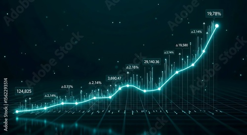 A glowing teal line graph showing upward growth with data points and gridlines on a dark background.