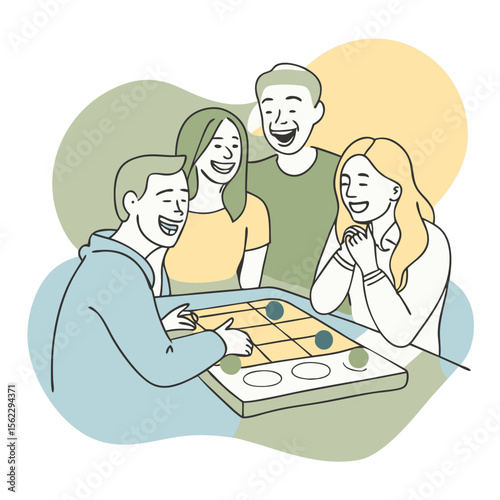 A group of happy young people are passionate about a board game. There is an atmosphere of fun and friendly communication here.