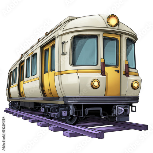 Vintage cream and yellow subway train on purple tracks isolated on transparent background