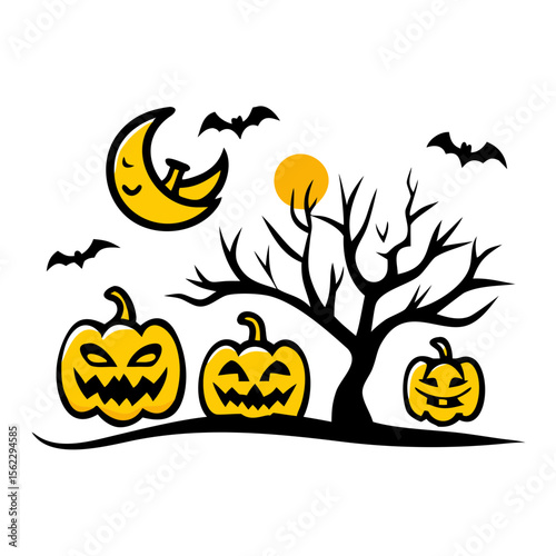 Halloween vector illustration with spooky pumpkins bats and moon in a dark night background