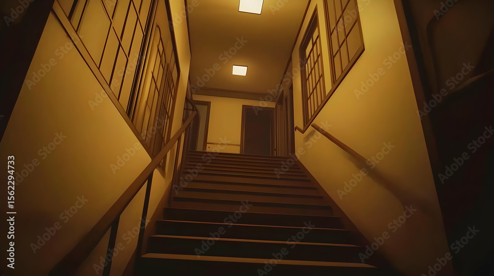 Fototapeta premium A dimly lit, warm-toned hallway with wooden stairs and Japanese-style windows. Interior view, perspective looking up