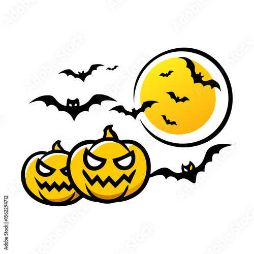 A spooky Halloween pumpkin with bats and a moon