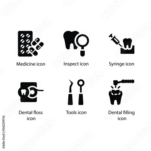 Medicine, Inspect, Syringe, Dental floss, Tools, Dental filling icon