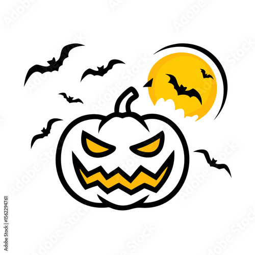 A spooky Halloween pumpkin with bats and a moon