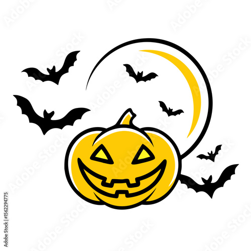 A spooky Halloween pumpkin with bats and a moon