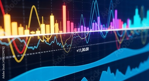 Colorful financial data graphs displayed on a screen, showing multiple trends and data points.