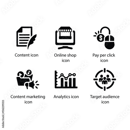 Content, Online shop, Pay per click, Content marketing, Analytics, Target audience icon