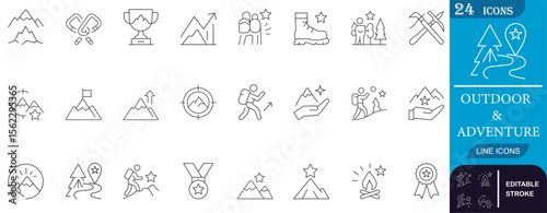 Explore a minimal line icon pack inspired by hiking, trekking, mountains, and outdoor adventures. Perfect for apps, maps, badges, or nature-themed projects.