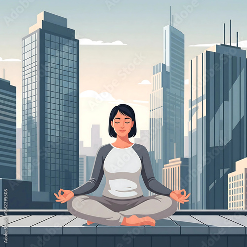  Urban Yoga Meditation - Woman Practicing Mindfulness on City Rooftop.Meditation in the metropolis. Flat vector illustration