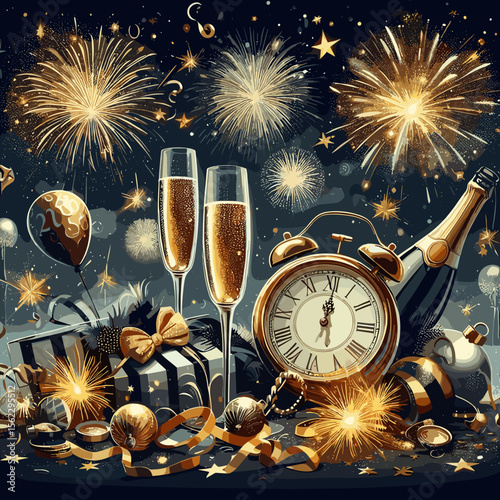Festive New Year's Eve celebration illustration featuring champagne, fireworks, and party decorations in a joyful ambiance
