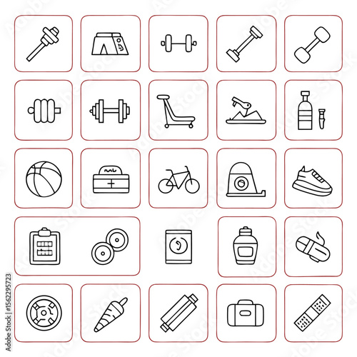 Depiction of various fitness and health related icons arranged in a grid pattern on a white background