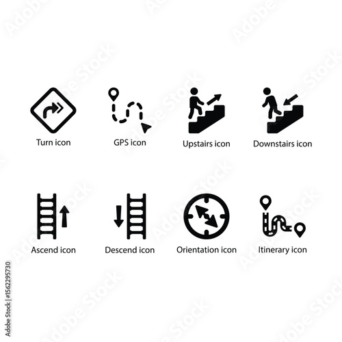 Turn, GPS, Upstairs, Downstairs, Ascend, Descend, Orientation, Itinerary icon