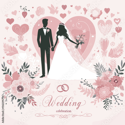 Elegant wedding celebration illustration featuring a couple holding hands with floral decorations