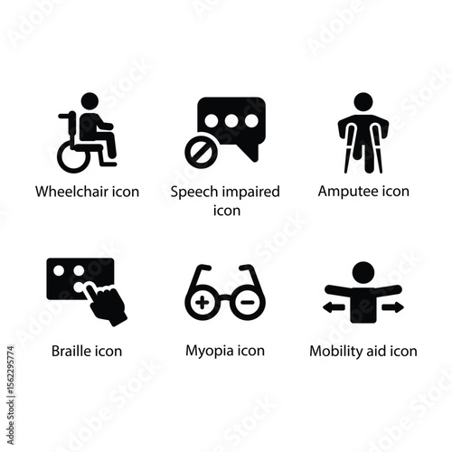 Wheelchair, Speech impaired, Amputee, Braille, Myopia, Mobility aid icon