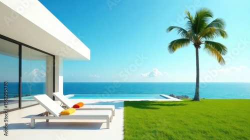 Oceanfront Relaxation Modern Architecture, Tranquil Pool, Lush Lawn, and Palm Tree Paradise