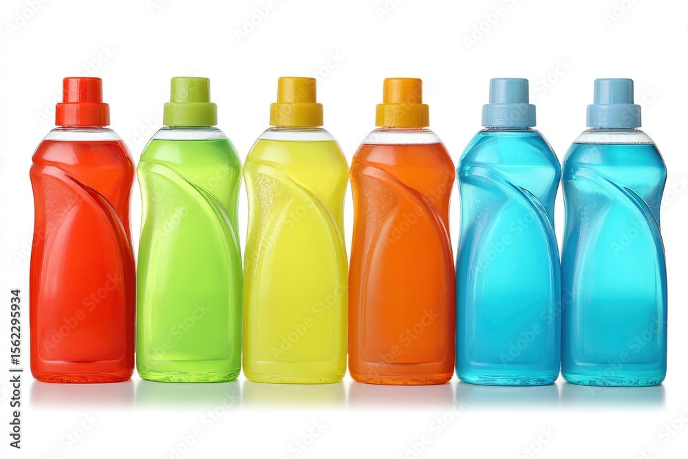 Six colorful detergent bottles stand in a row on a white surface each filled with a different colored liquid Six colorful detergent bottles stand in a row on a white surface each filled with a different colored liquid