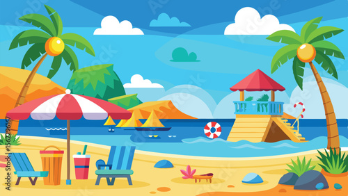 Cartoon Beach Scene with Palm Trees, Umbrella, Chairs, and Lifeguard Tower Illustration