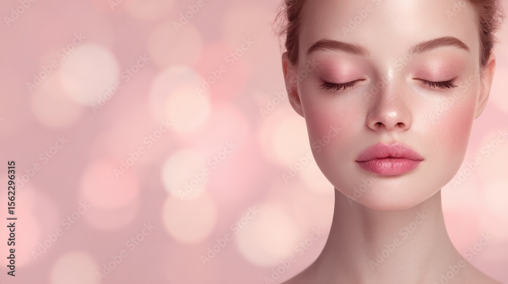 Naklejka premium Beautiful young woman face with closed eyes on pastel pink glowing background. Beauty skin care make up cosmetics concept banner