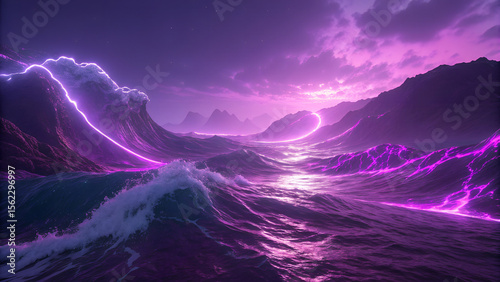 Surreal purple ocean waves glow with neon light under a dramatic cloudy sky