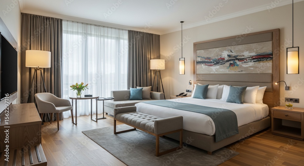 Fototapeta premium Luxurious Hotel Bedroom Interior with Modern Decor, Soft Lighting and Artistic Headboard