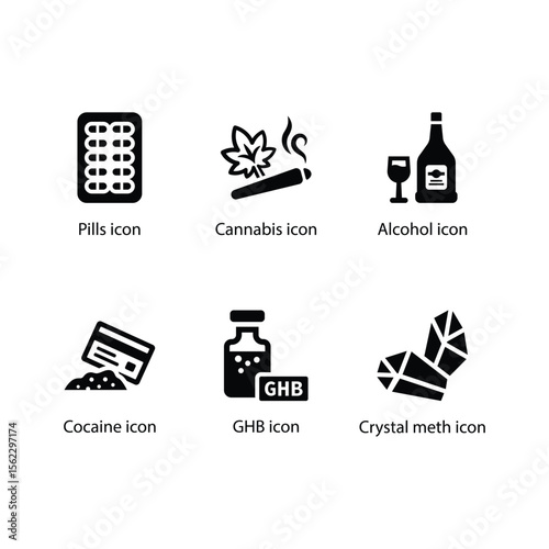 Pills, Cannabis, Alcohol, Cocaine, GHB, Crystal meth icon